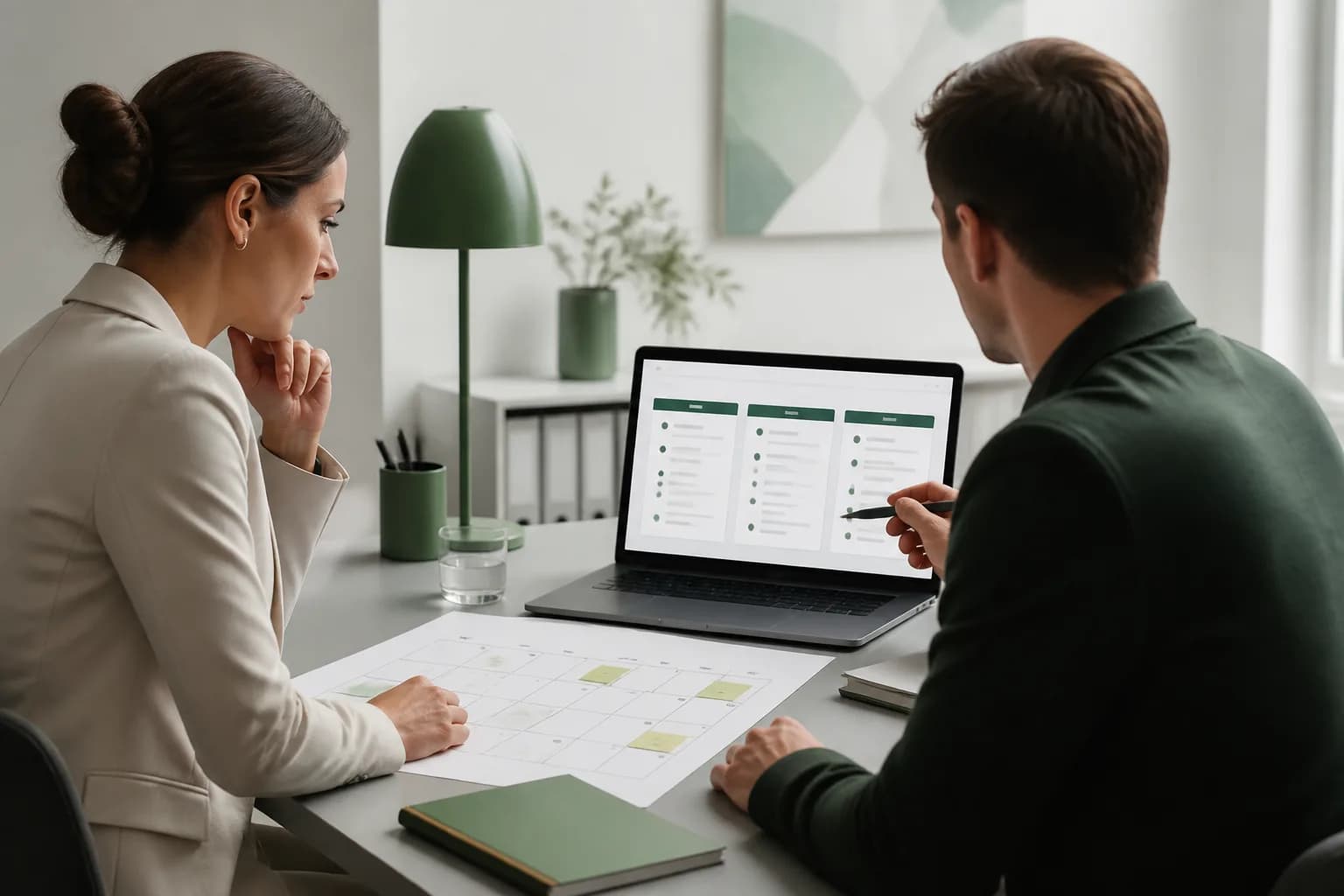 Ein Inhouse-Team prüft einen Markenportfolio-Kalender neben einem Laptop mit geöffneten amtlichen Registerseiten.