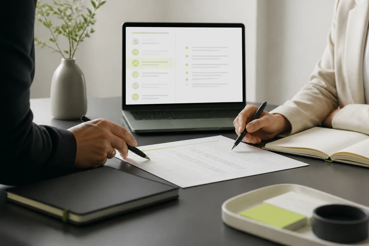 Ein Legal-Team prüft ein Markenformular und eine Laptopansicht mit Klassenliste neben Notizbuch und Stift.